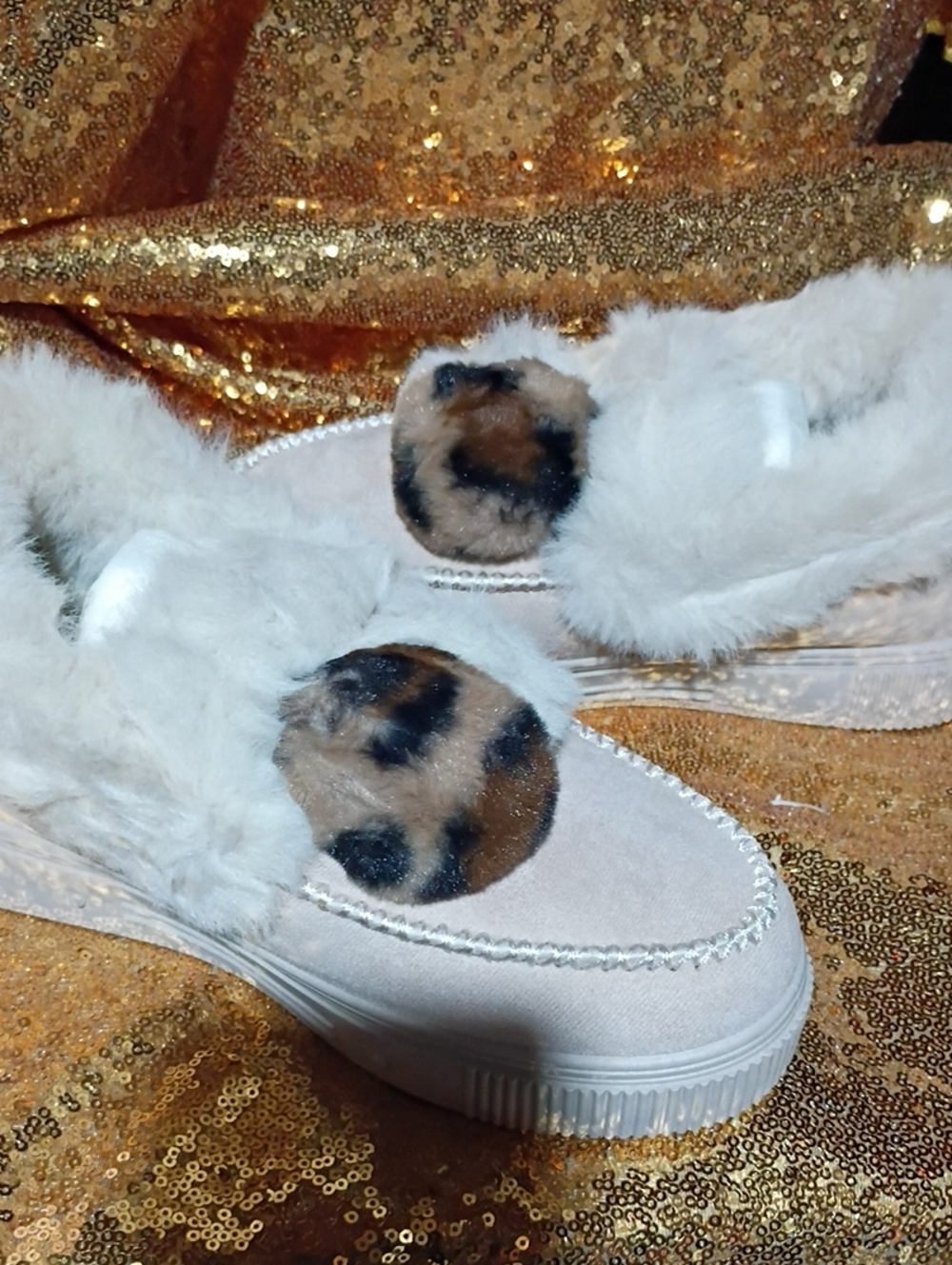 Journee Collection Cream Faux Fur Pom Pom Loafers with Leopard Accent